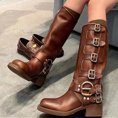 2024 г. Новые модные женские мотоциклетные ботинки Zapatilla из черной искусственной кожи с металлической пряжкой в стиле панк и толстым каблуком