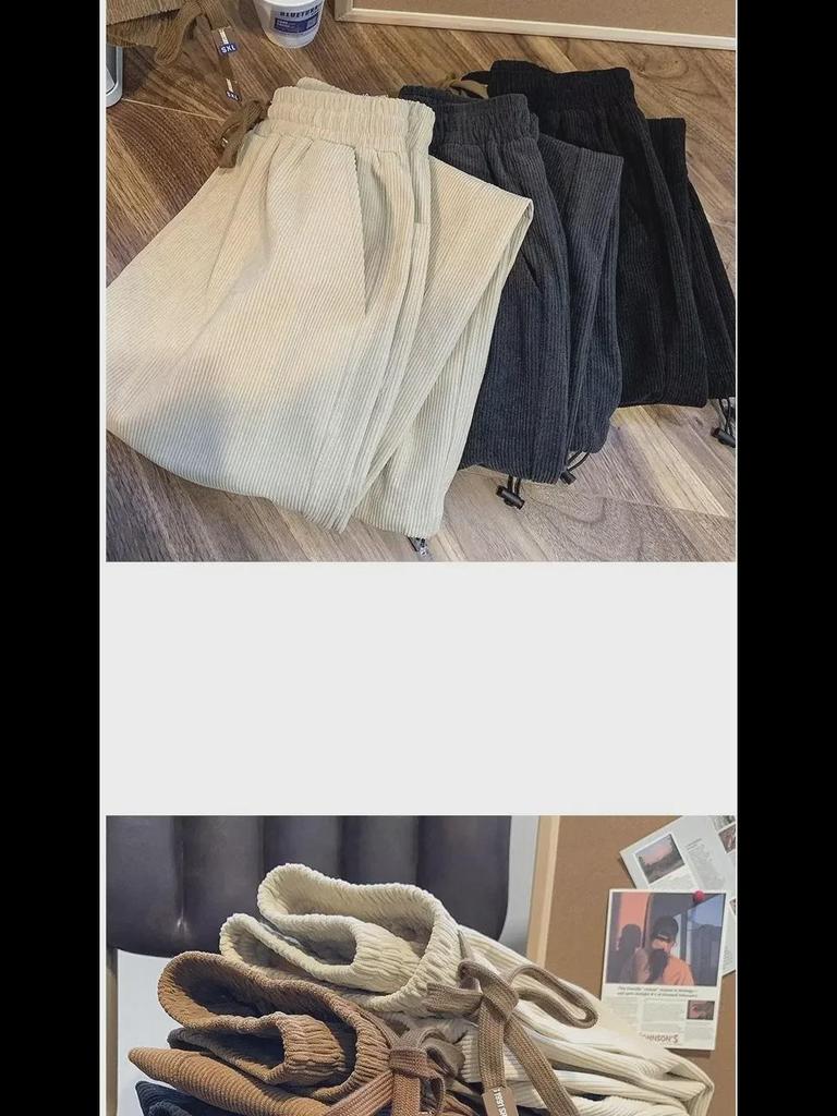 Men's Japanese Retro Corduroy Drawstring Pants - Loose, Wide-Leg, Straight Fit for Spring and Autumn