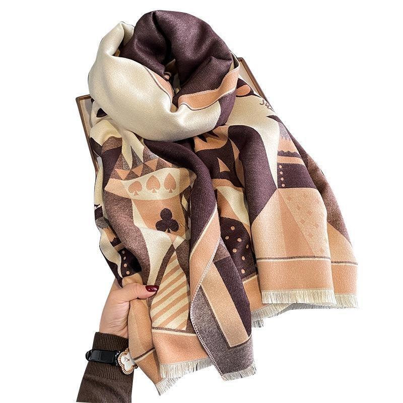New Autumn and Winter Warm Scarf Women's Imitation Cashmere Thickened Air Conditioner Large Shawl Playing Card Jacquard Scarf