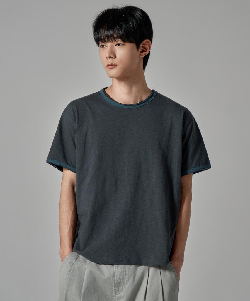 WAAR M1086 Low-Cut Contrast Round Short Sleeve T-Shirt_Charcoal