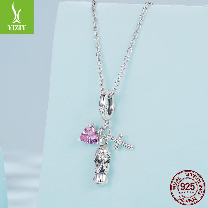 Pink Love Cross Pendant Accessories Cute Little Angel S925 Sterling Silver Bracelet Beaded
