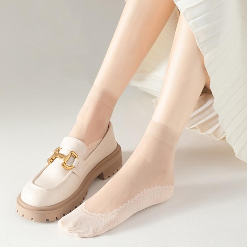 10 Pairs Women Slip-Resistant Cotton Soles Transparent Medium Tube Silk Socks