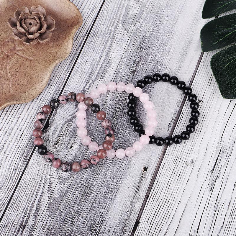 3Pcs/set Natural Stone 8mm Black Onyx Rhodonite Rose Quartzs Beaded Wrist Stackable Bracelets