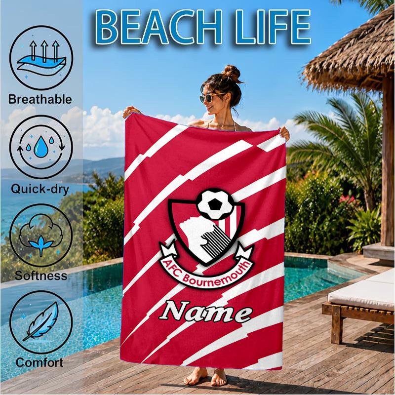 Custom Name Beach Towel Bournemouth Crest Microfiber Beach Towel, Lightweight for Summer Travel, Swimming Pool Fan Birthday Gift