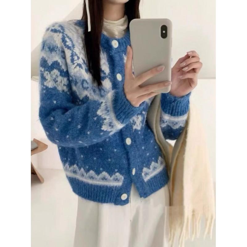 Женский объемный кардиган-свитер с узором Fair Isle Зимний теплый свободного кроя уютный оверсайз пуловер-пальто Серый Синий Бежевый
