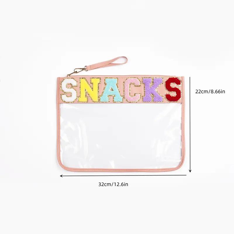 Transparent PVC Zipper Snack Bag with Embroidered Letters - Portable PU Waterproof Makeup and Toiletry Handbag