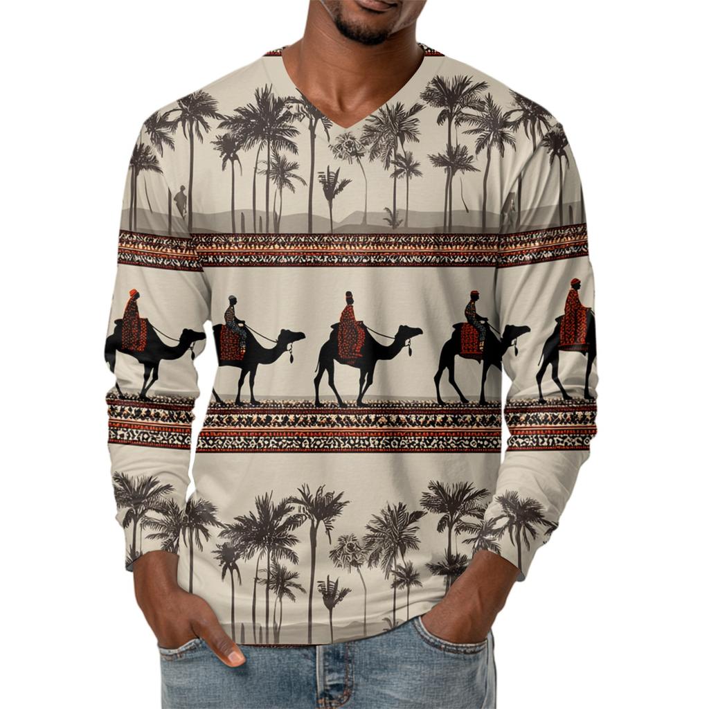 Мужская футболка с V-образным вырезом, повседневная, модная, с принтом, с длинным рукавом