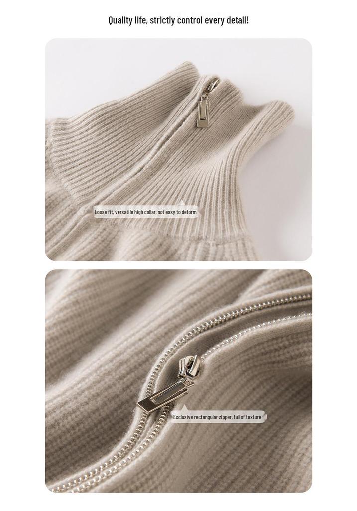 Women's Retro Cashmere Stand Collar Cardigan - Double Zipper, Long Sleeve, Age-Reducing Base Layer Top