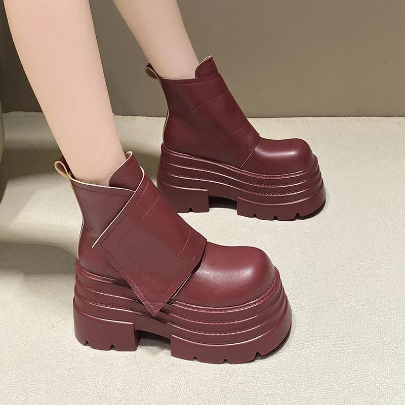 10СМ Женские кожаные ботильоны Осень Зима Каблуки Массивные кроссовки Высокая платформа Молния Мотоциклетные короткие ботинки 2025 Женские Боты