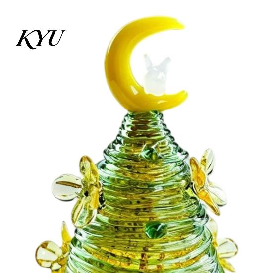 Colorful Glass Tree for Home Glazed Christmas Figurine with Star Moon Decor, Rotating Handmade Ornament Wire Wrapped Desk Mini Holiday Tabletop