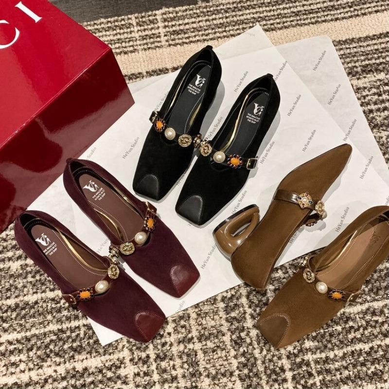 Fashion Beaded Mary Janes Shoes Women High Heels Retro Suede Loafers 2024 Trend Autumn Elegant Dress Chunky Pumps Luxury Zapatos Mujer