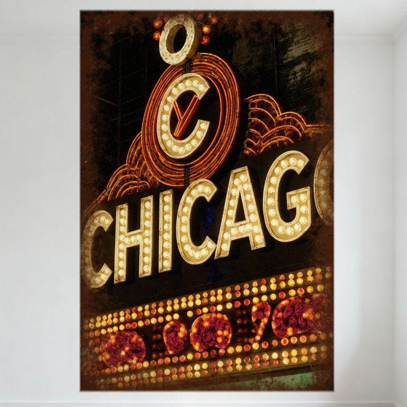 Vintage Chicago Musical Tin Sign Retro Illuminated Theater Plaque Neon Style Floral Decor for Man Cave Bar Cafe Home Wall Art