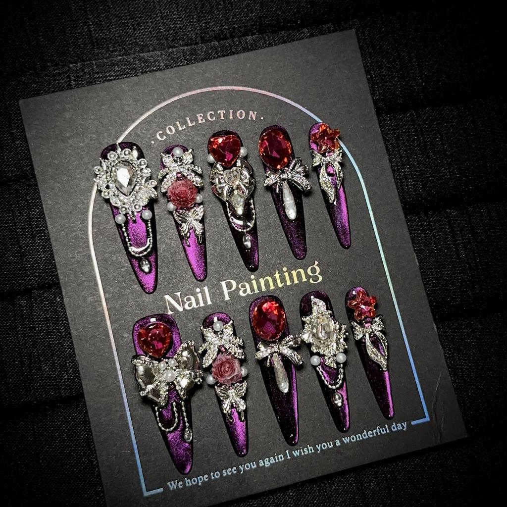 Роскошные накладные ногти ручной работы, длинные, миндалевидной формы, с французским кончиком, блестящие, искусственные ногти, дизайн с 3D стразами, акриловые ногти, многоразовые наклейки для женщин