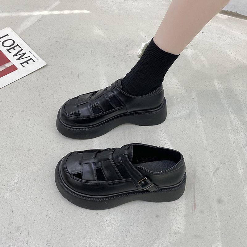 Тканые полые римские сандалии, женские туфли с ремешком в клетку, обувь с большим носком, Mori Department, британские ретро одиночные туфли, повседневная дышащая толстая подошва