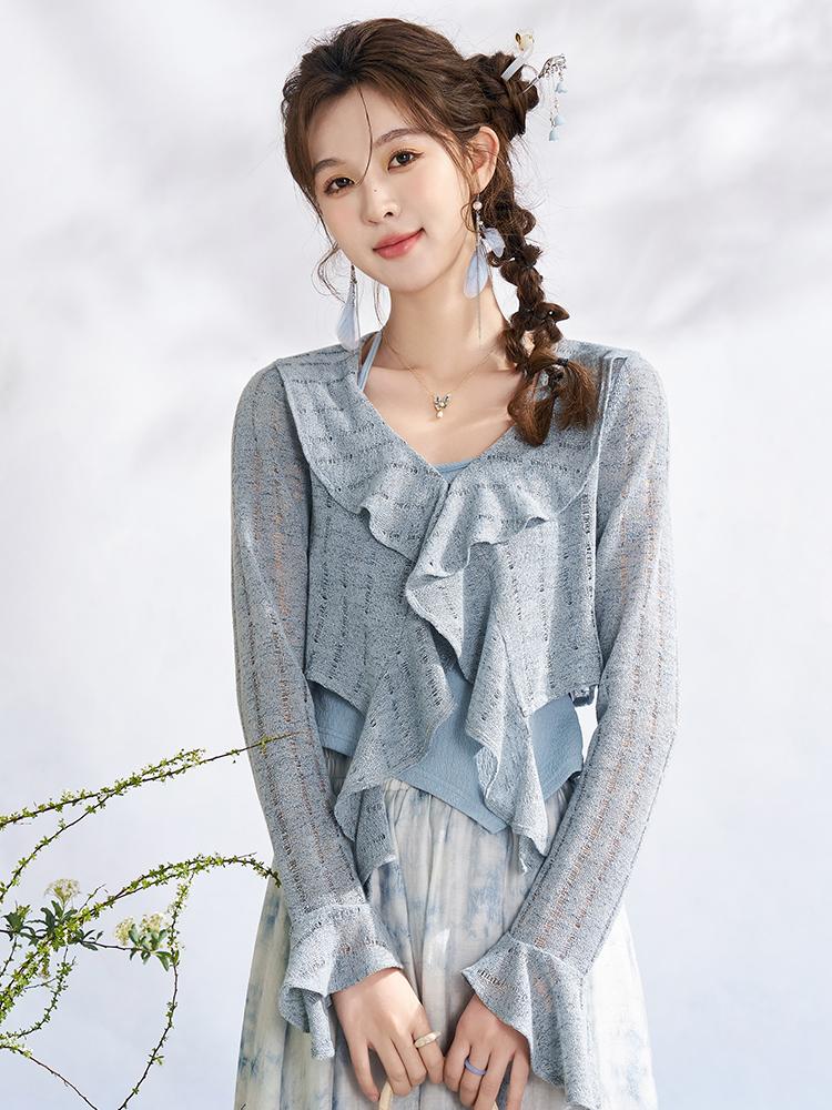 Mishow Кардиган для женщин, новинка 2024 года, элегантный однотонный свободный дизайн с рюшами + синий жилет с воротником-халтер MXD13Z0407