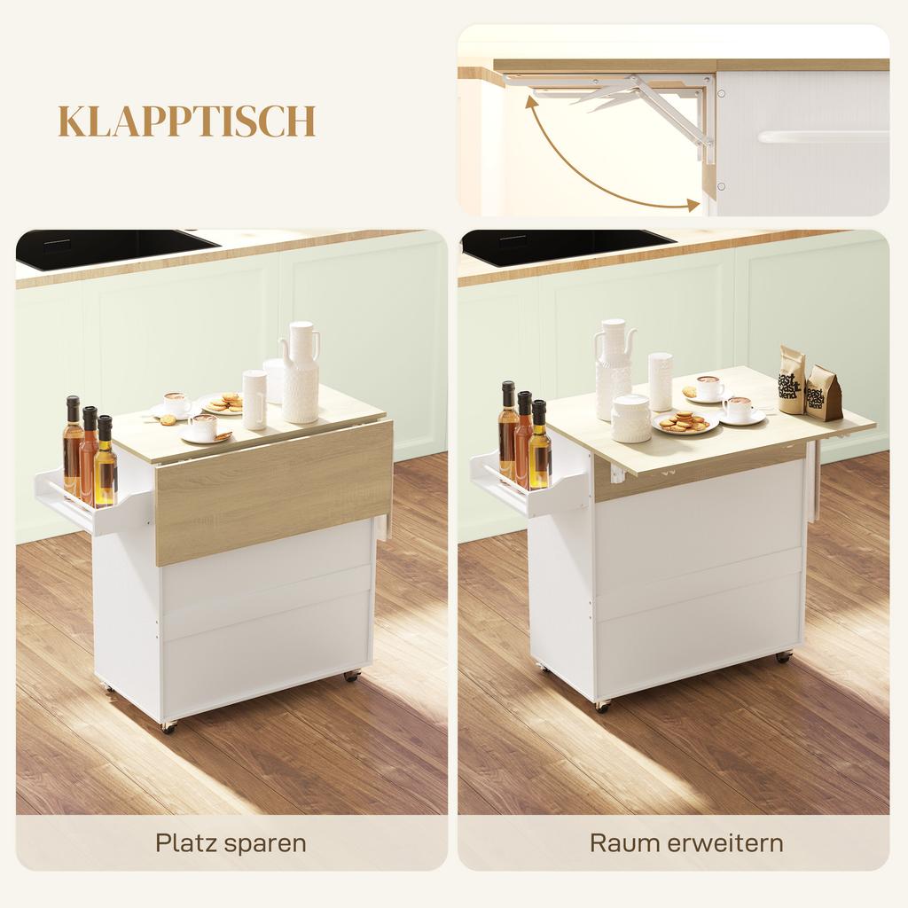 Rolling Kitchen Island with Drop Leaf, Kitchen Storage Cart with Drawer, Spice Rack and Towel Rack, White