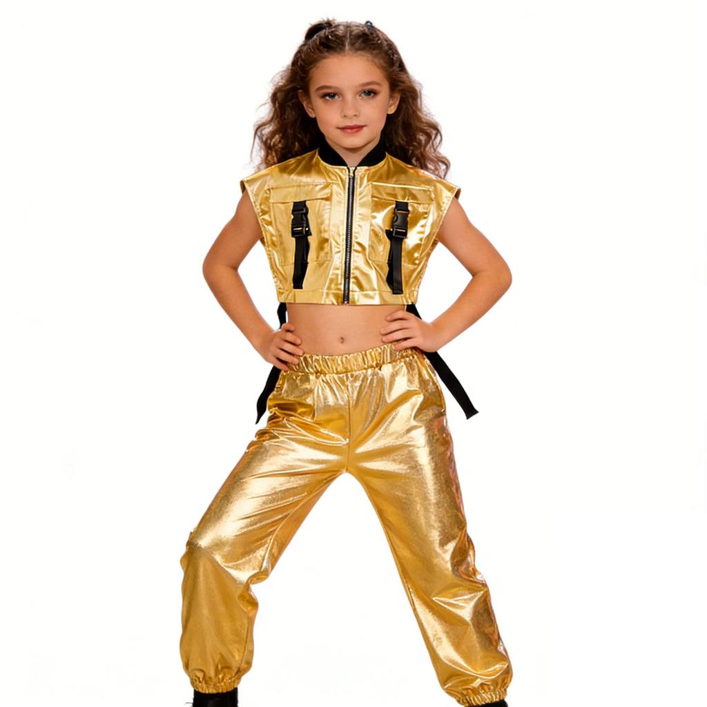Girls Metallic Vest Jazz Performance Sleeveless Side Zipper Open Shiny Pants Elastic Waistband Dance Set