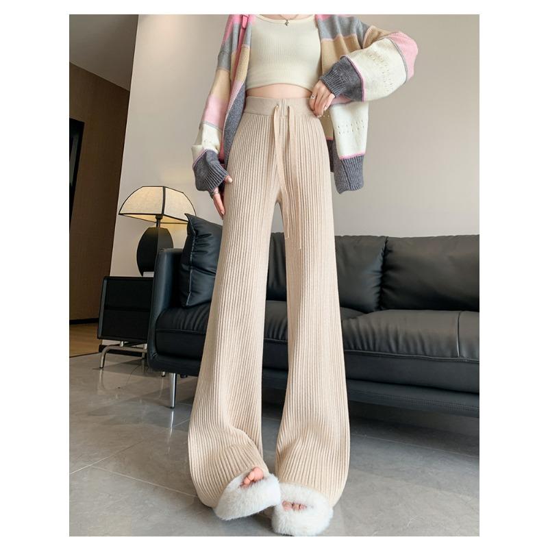 Модные осенне-зимние женские трикотажные брюки с широкими штанинами, новые свободные длинные брюки на шнурке с высокой талией, повседневные однотонные плиссированные брюки 2379