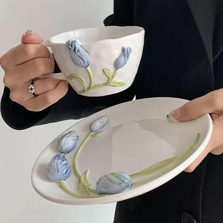 Creative Tulip Ceramic Coffee Cups Plate Bowl Set Embossed Mug with Handle Vintage Home Milk Dining Dish Breakfast Tea Drinking