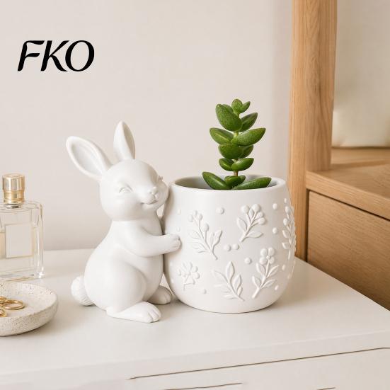 Mini Flowerpot 3D Printed Bunny Hugging Succulents Planter, Cute Rabbit Flower Pot with Embossed Small Desktop Planter Floral Body, Desk Decor