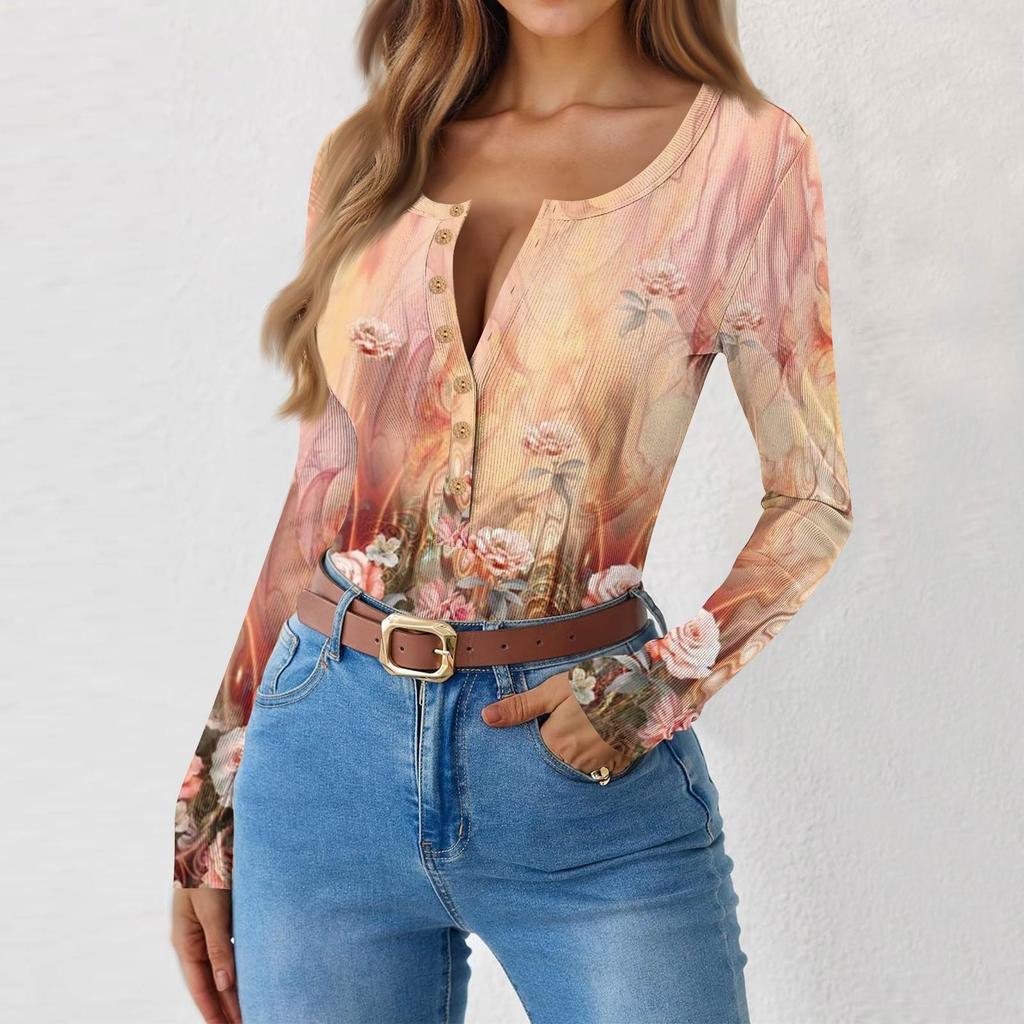 Women's Slim Bottom T-shirt Fashion Casual Gradient Printing Round Neck Pullover Long Sleeve Top