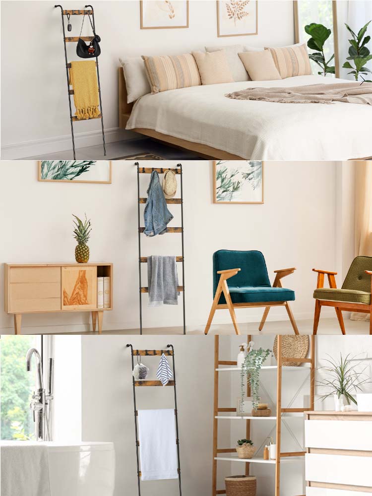 Деревенская коричневая 5-ярусная лестница для одеял с 10 крючками - Настенное хранение для гостиной, спальни и ванной комнаты