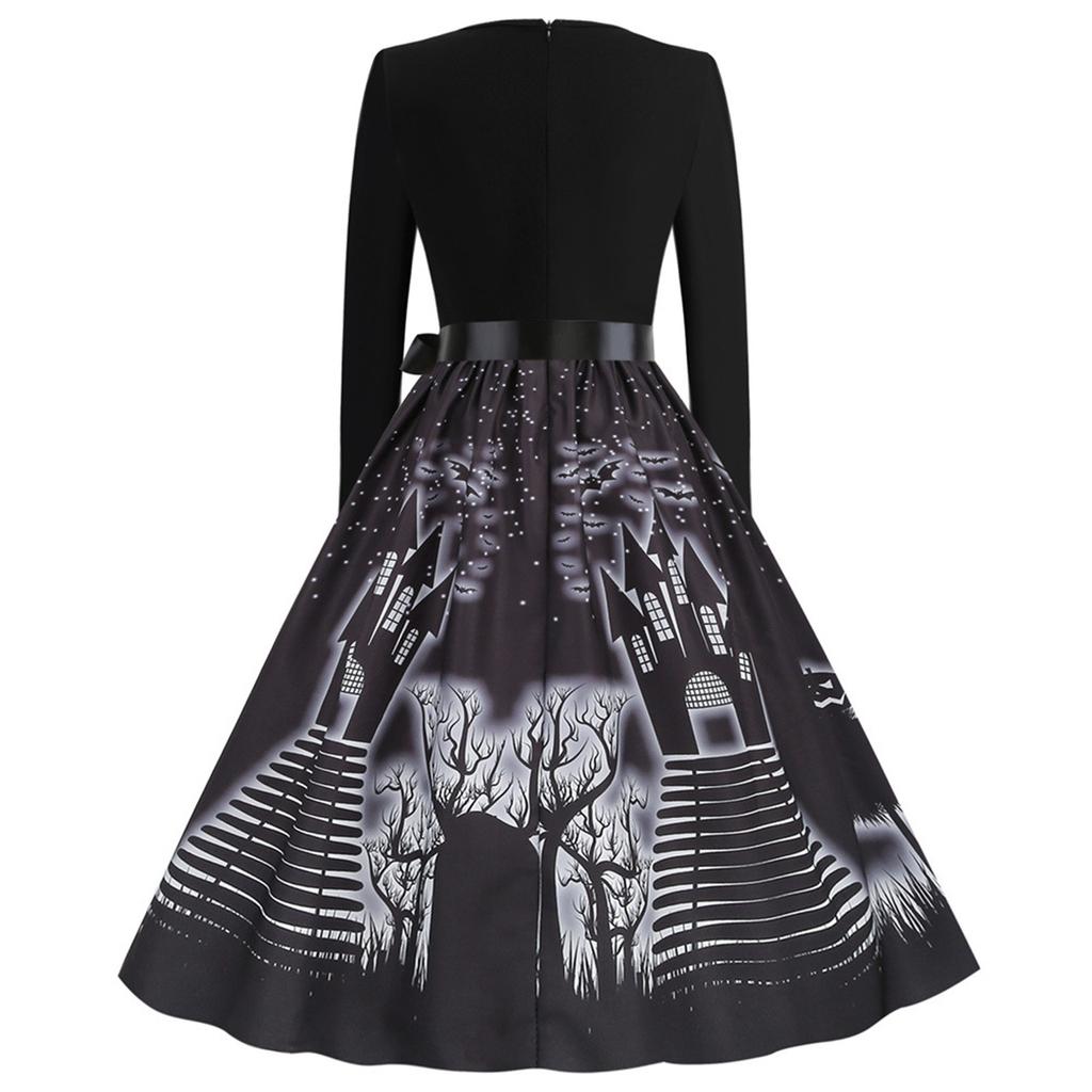 Women's Casual Halloween Printed V-Neck Zip-Up Long Sleeve Panel Swing Dress