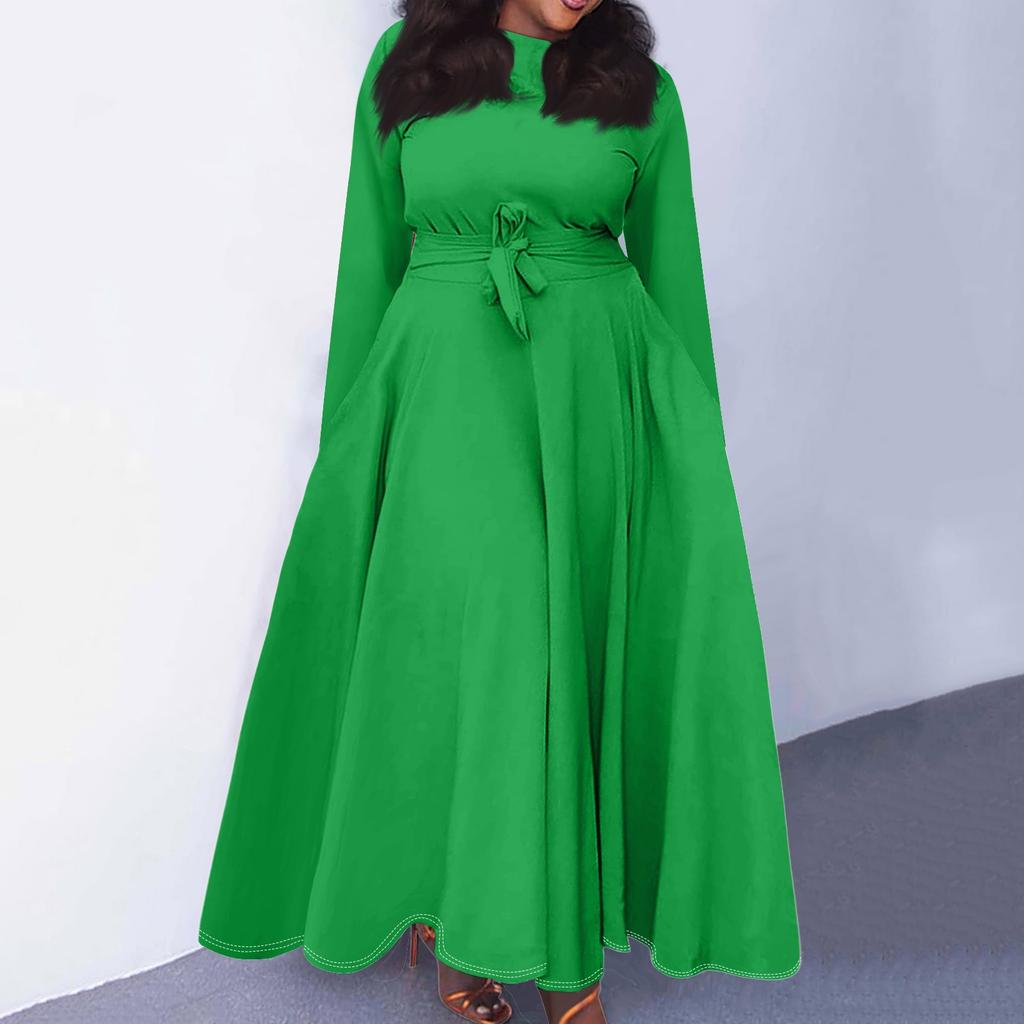 Женское повседневное модное платье большого размера с круглым вырезом и длинным рукавом с карманами на бретелях