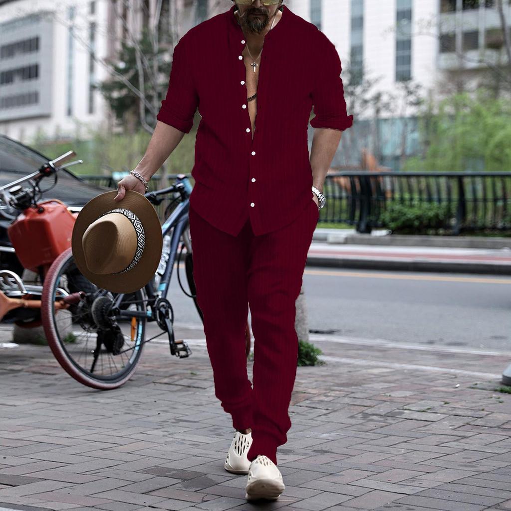 Весенне-осенний мужской повседневный костюм из двух частей в полоску, однотонный, с воротником-стойкой, длинными рукавами, топом и брюками