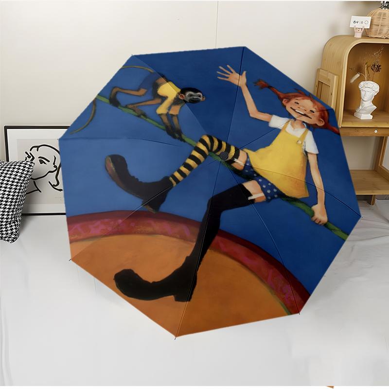 Pippi Longstocking Fashionable Automatic Opening/Closing Folding Umbrella. Portable and Foldable, Ideal for Gift, Travel, and Daily Use.