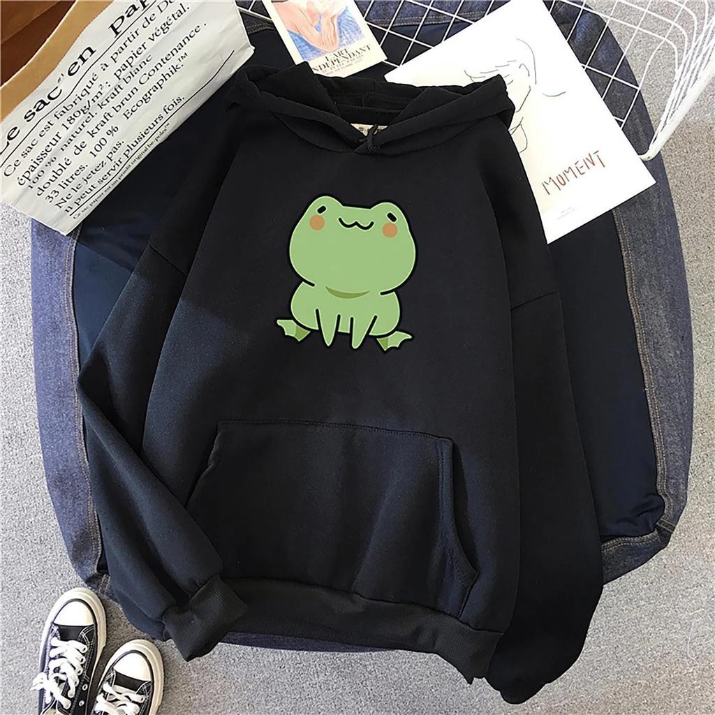Cute Frog Black Hoodie Fashion Design Autumn Winter Men's Women's Sweatshirt Fleece Oversized Couples Casual Streetwear Hoodies