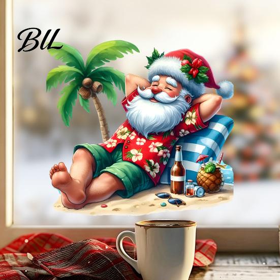 Outdoor Balcony Glass Stickers Tropical Beach Santa Claus Static Window Sticker, Waterproof PVC Decal, Seaside Decoration Clings for Holiday Door Home