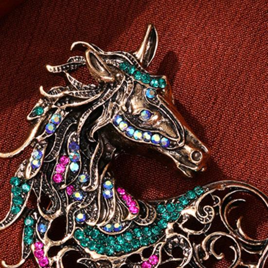 Retro Rhinestone Horse Brooch Pin Women Men Zinc Alloy Horse Head Lapel Pin Animal Sweater Dress Suit Clothing Accessories Jewelry Gift