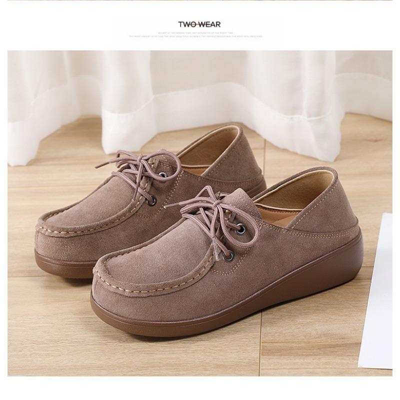 New Leather Korean Version Versatile Lace Up Sponge Cake Autumn Thick Sole Height Increasing Lightweight Sloping Heel Casual Women's Single Shoes