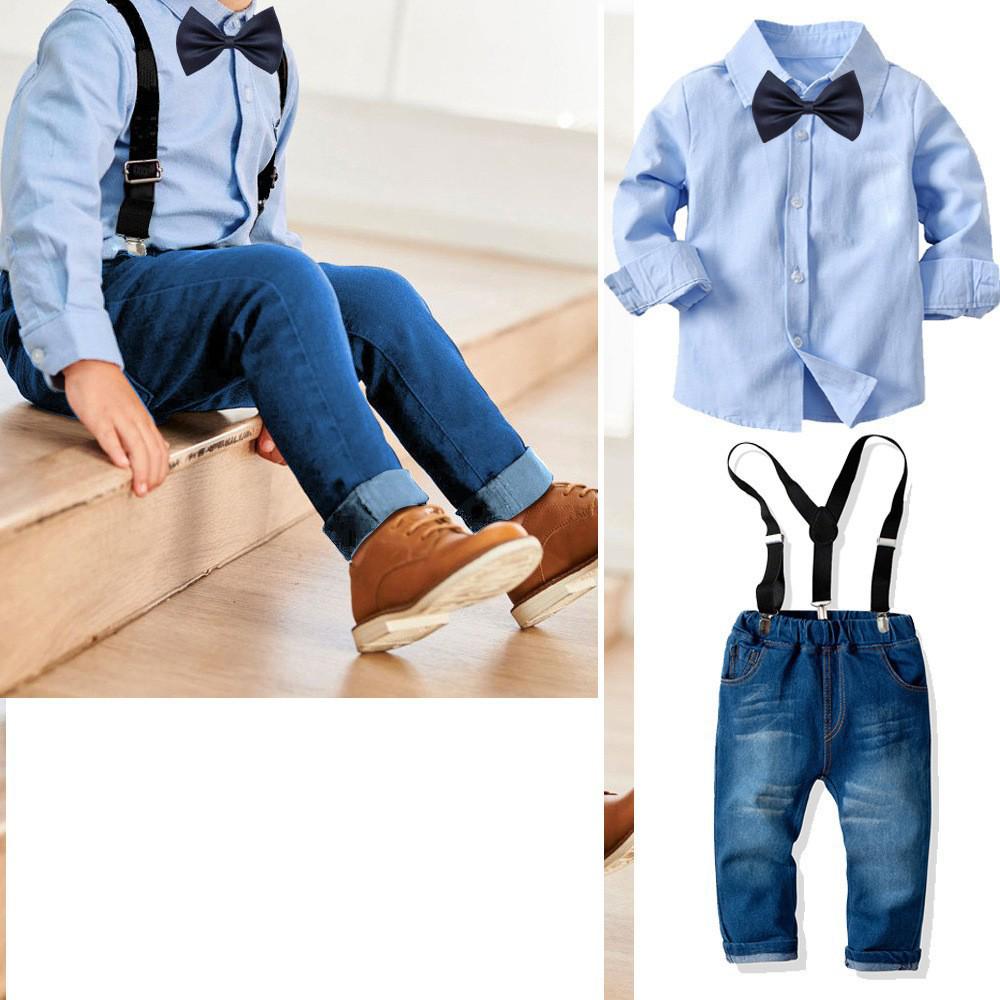 INS Boys Long Sleeve Shirt and Black Denim Overalls Stretch Pants Suit for Small/Medium Children - Autumn/Winter Formal Wear