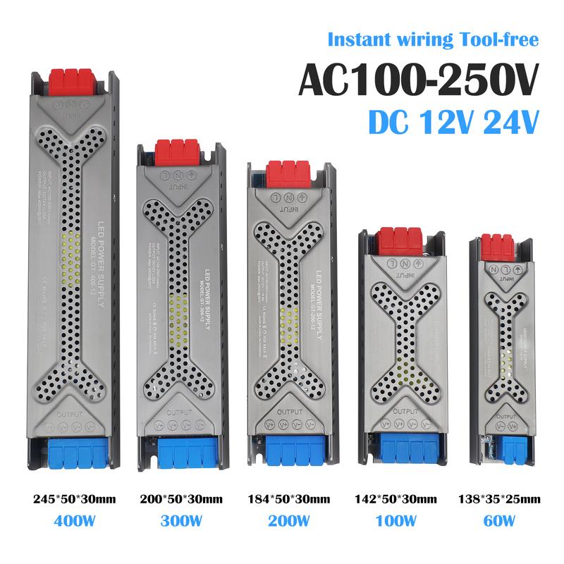 Ultra Thin Lighting Transformer 110V 220V to 12V 24V 60W 100W 200W 300W 400W Heat Dissipation Power Supply For LED Strip Adapter