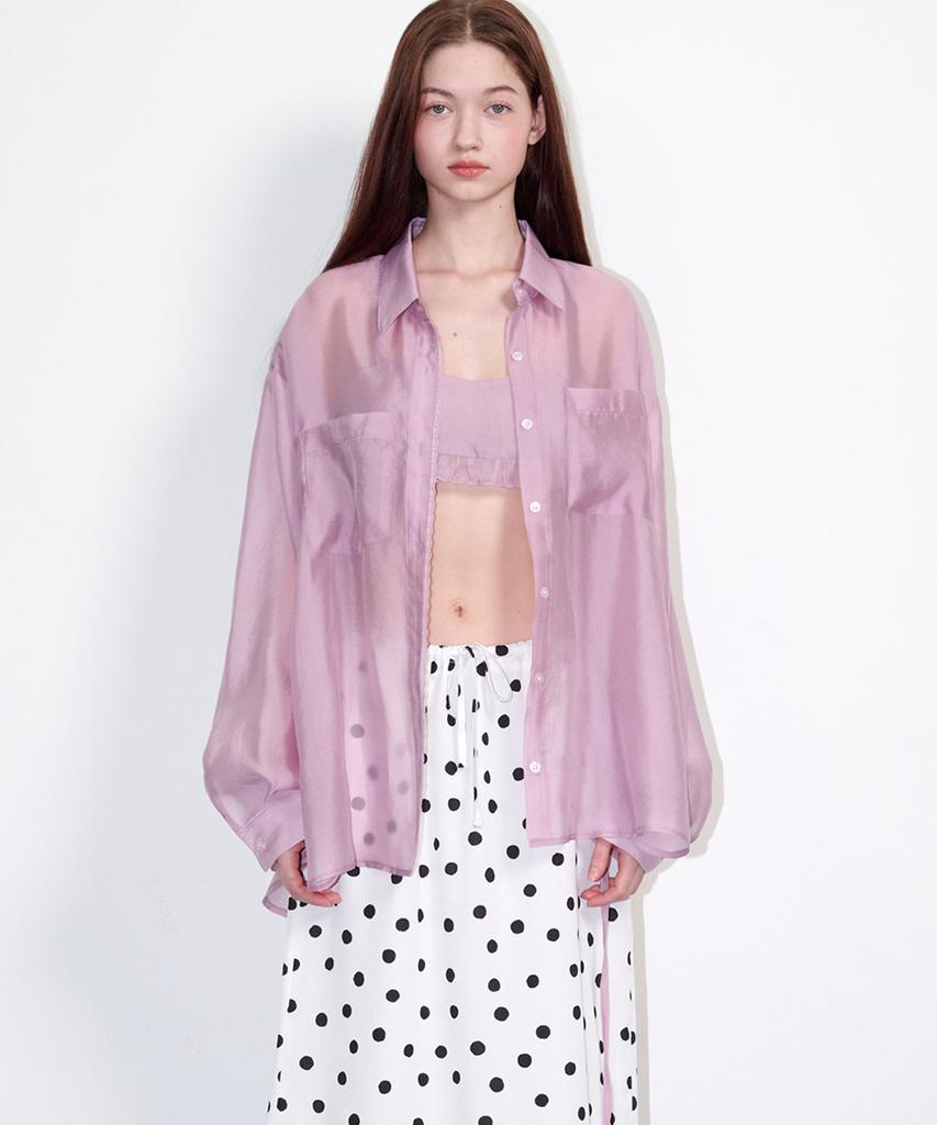 OPENING SUNSHINE See-Through Lace Silky Shirt Pink