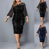 Women O Neck 3/4 Sleeve Sheer Patchwork Shiny Sequins Bodycon Knee-length Dress