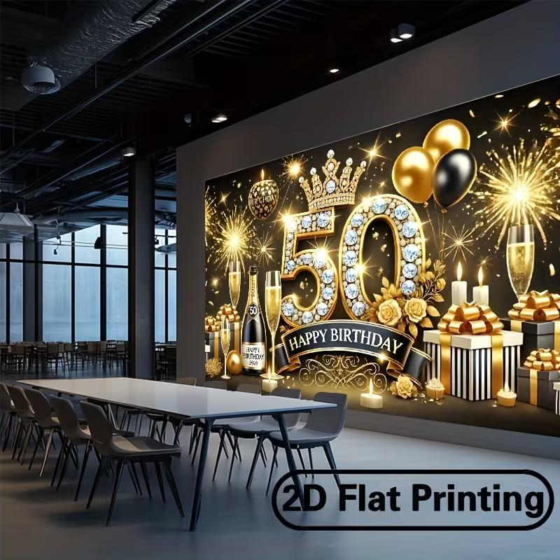2D Luxury Black Gold 50th Birthday Backdrop Banner Glitter Crown Party Decor Background