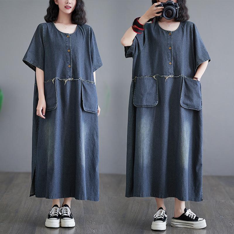 Dimanaf Plus Size 2024 Spring Women Denim Dress Cotton Casual Vintage Long Sleeve Loose Oversized Dress Pockets