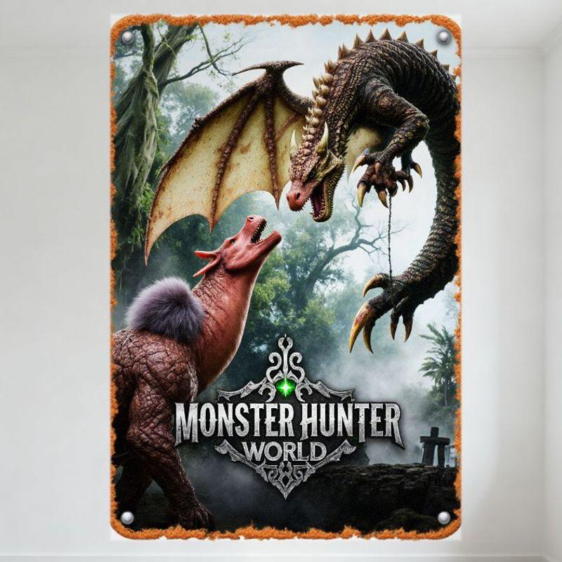 Металлическая жестяная табличка Monster Hunter World, винтажная сцена битвы с монстрами, плакат в рамке для декора стены дома, бара, мужской берлоги, клуба, ресторана