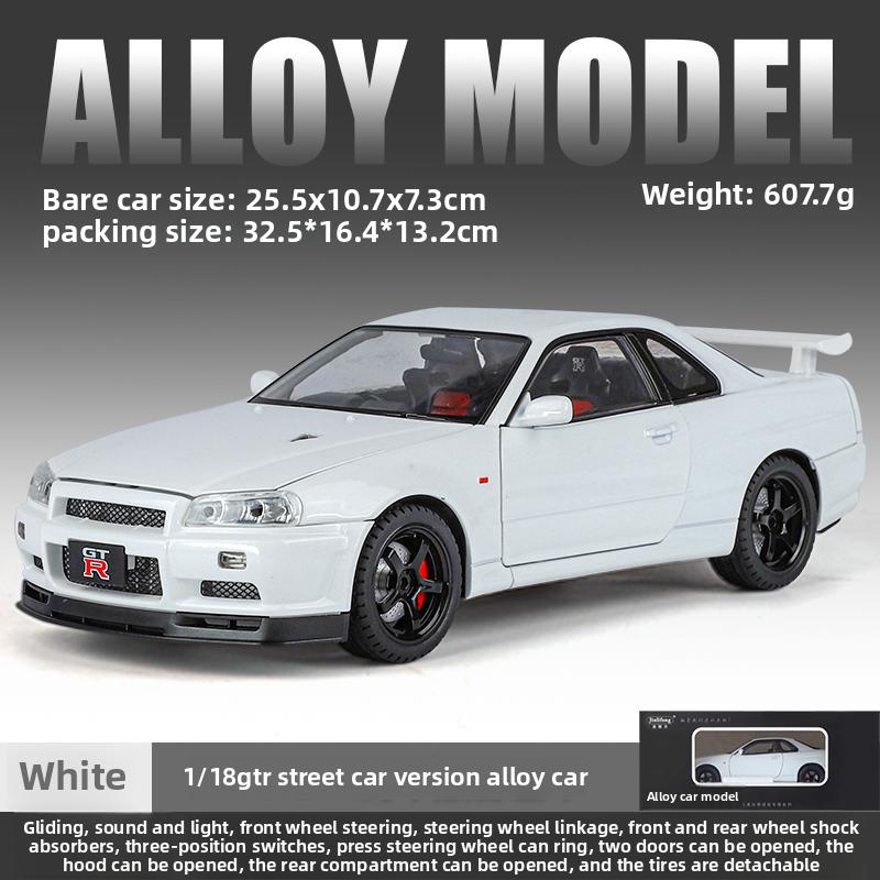 Big Size 1/18 Scale Nissan GT-R R34 Skyline Alloy Car Model Diecast Toy Car for Boys JDM Racing Car Toy Gift Collectible Hobby