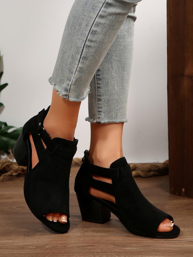 Women Sandals  Chunky High Heels Soild Gladiator Open Peep Toe Women Black Shoes Buckle Back Zipper Sandalias De Mujer