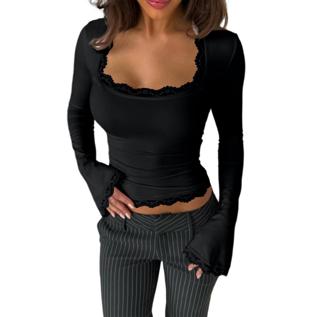 Женский модный кружевной топ с квадратным вырезом, длинными рукавами, облегающего кроя, универсальный