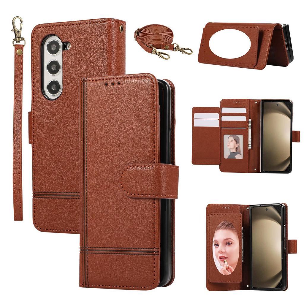 Кожаный чехол-книжка с зеркалом и держателем для карт для Samsung Z Fold 6/7, Crossbody