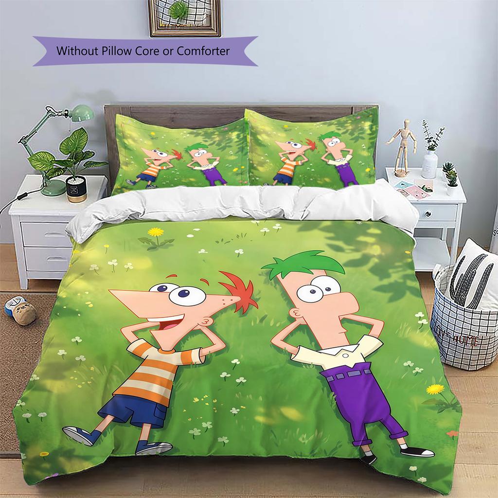 Phineas and Ferb Pattern Bedding Quilt Set Home Decoration Gift (1 * duvet cover + 2 * pillowcase without core)