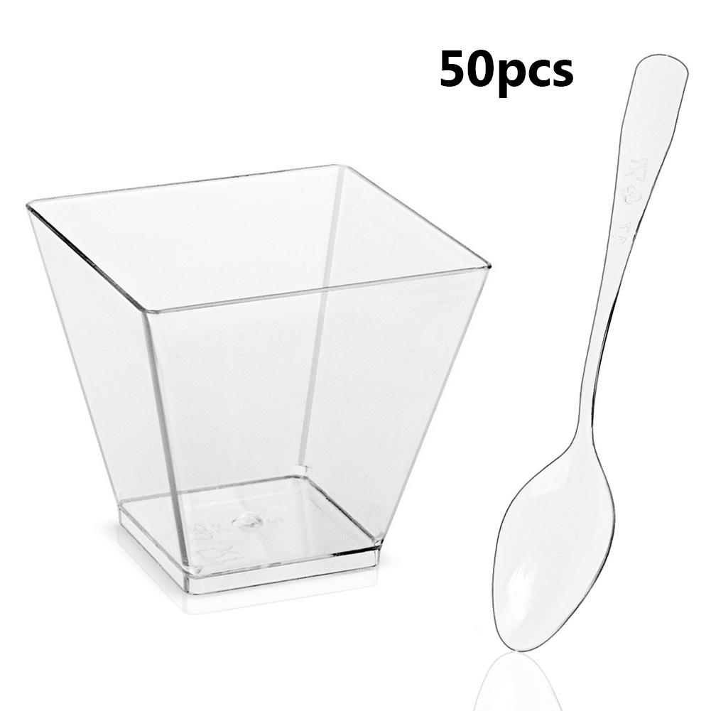 50pcs Plastic Dessert Cup Kitchen Decor Square Mini Dessert Cups with Spoon Set Disposable Supplies for Tasting Pudding Yogurt