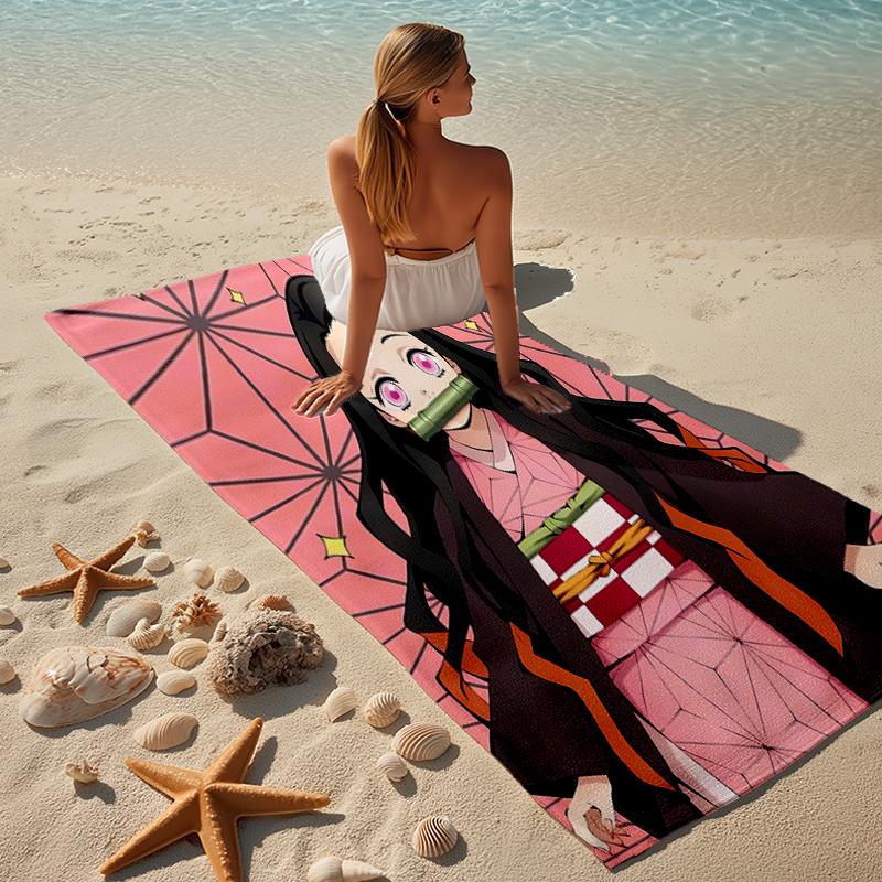 proof beach towel with a Demon Slayer Nezuko pattern - soft,absorbent,quick-drying,machine washable - perfect for swimming,camping,bathing