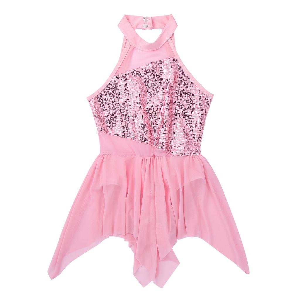 Платье-купальник без рукавов с вырезом сзади и блестками, современный лирический балет, джаз, латинский танец, юбка с неровным подолом