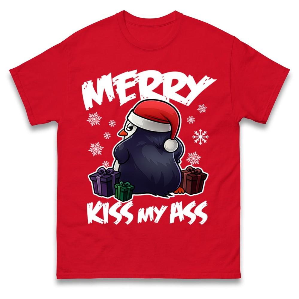 Merry Kiss My A Funny Penguin Christmas T Shirt Rude Xmas Adults Tee Shirt